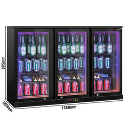 Chłodziarka barowa - 1330 mm - 320 litrów - z oświetleniem LED & 3 drzwiami na zawiasach - zewnętrzna & wewnętrzna czarna