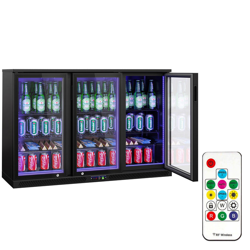 Chłodziarka barowa - 1330 mm - 320 litrów - z oświetleniem LED & 3 drzwiami na zawiasach - zewnętrzna & wewnętrzna czarna