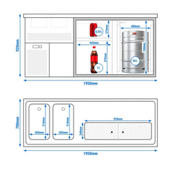 Profesjonalna stacja barmańska PREMIUM PLUS - 1950x700mm - 1 Drzwi & 2 Szuflady - z 2 zlewami po lewej stronie