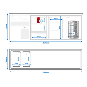 Barowy stół chłodniczy PREMIUM PLUS - 2500x700 mm - 2 drzwi & 3 szuflady - Prime Gastro
