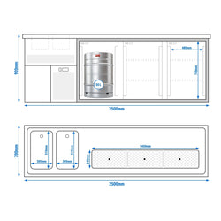 Lada barmańska PREMIUM PLUS - 2500x700mm - 3 Drzwi przeszklone