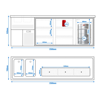 Barowy stół chłodniczy PREMIUM PLUS - 2500x700mm - 1 drzwi & 6 szuflad - Prime Gastro