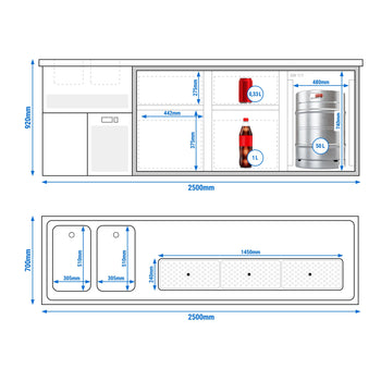 Barowy stół chłodniczy PREMIUM PLUS - 2500x700mm - 1 drzwi & 4 szuflady - Prime Gastro