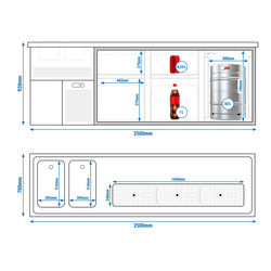 Lada barmańska PREMIUM PLUS - 2500x700mm - 1 Drzwi & 4 Szuflady - z 2 zlewami po lewej i 3 ociekaczami