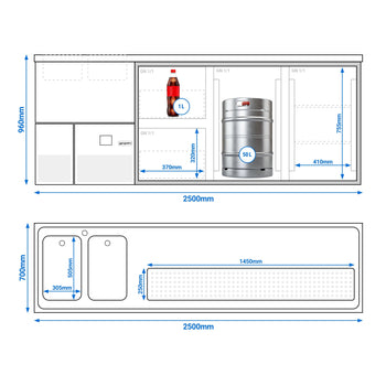 Barowy stół chłodniczy PREMIUM - 2500x700 mm - 2 szklane drzwi & 2 szklane szuflady - Prime Gastro