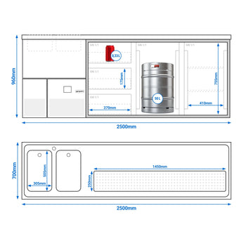 Barowy stół chłodniczy PREMIUM - 2500x700 mm - 2 drzwi & 3 szuflady - Prime Gastro