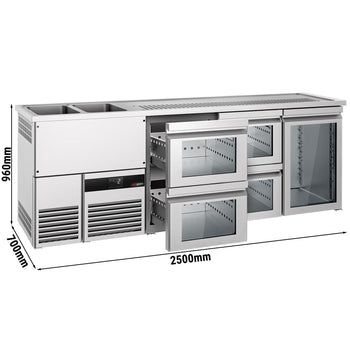 Barowy stół chłodniczy PREMIUM - 2500x700mm - 1 szklane drzwi & 4 szklane szuflady - Prime Gastro