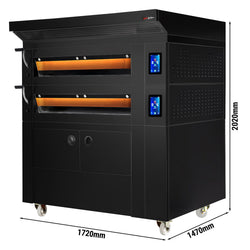 Electric Commercial Bakery Deck Oven with Steam Injection - Touchscreen Controls - 2 Baking Chambers - Black - with Prover Cabinet & with Hood
