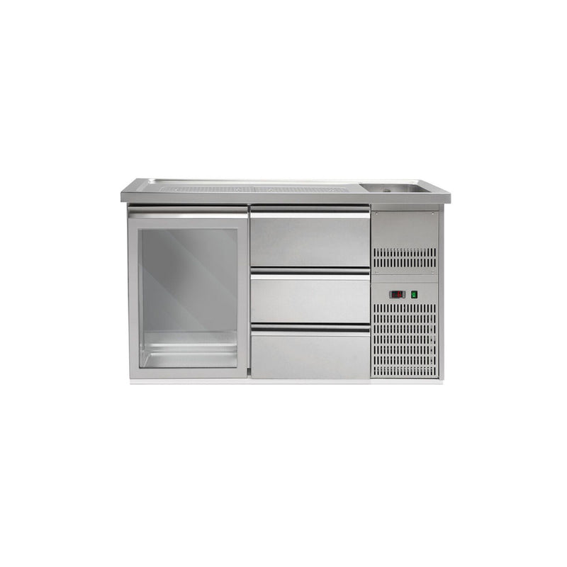 Barowy stół chłodniczy Premium PLUS - 1550x700 mm - 1 szklane drzwi & 3 szuflady