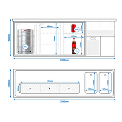Lada barmańska PREMIUM PLUS - 2500x700mm - 2 Drzwi & 2 Szuflady - z 2 zlewami po prawej