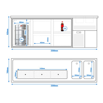 Barowy stół chłodniczy Premium PLUS - 2500x700mm - 1 drzwi & 4 szuflady - Prime Gastro