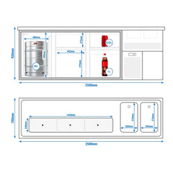 Lada barmańska PREMIUM PLUS - 2500x700mm - 1 Drzwi & 4 Szuflady - z 2 zlewami po prawej stronie