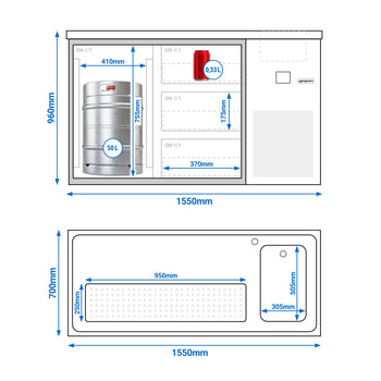 Barowy stół chłodniczy PREMIUM - 1550x700 mm - 1 szklane drzwi & 3 szklane szuflady - Prime Gastro