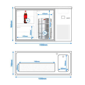 Barowy Stół Chłodniczy PREMIUM - 1550x700mm - 1 szklane drzwi & 2 szklane szuflady - Prime Gastro