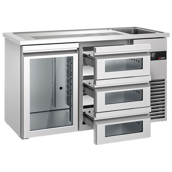 Barowy stół chłodniczy PREMIUM - 1550x700 mm - 1 szklane drzwi & 3 szklane szuflady - Prime Gastro