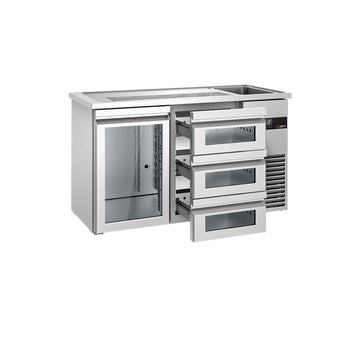 Barowy stół chłodniczy PREMIUM - 1550x700 mm - 1 szklane drzwi & 3 szklane szuflady - Prime Gastro