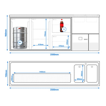 Barowy stół chłodniczy PREMIUM - 2500x700 mm - 2 szklane drzwi & 2 szklane szuflady - Prime Gastro