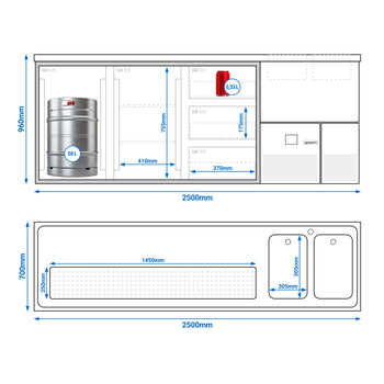Barowy stół chłodniczy PREMIUM - 2500x700 mm - 2 drzwi & 3 szuflady - Prime Gastro