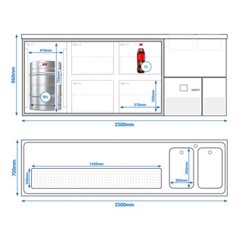 Barowy stół chłodniczy PREMIUM - 2500x700mm - 1 szklane drzwi & 4 szklane szuflady - Prime Gastro