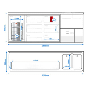 Barowy stół chłodniczy PREMIUM - 2500x700mm - 1 szklane drzwi & 6 szklanych szuflad - Prime Gastro