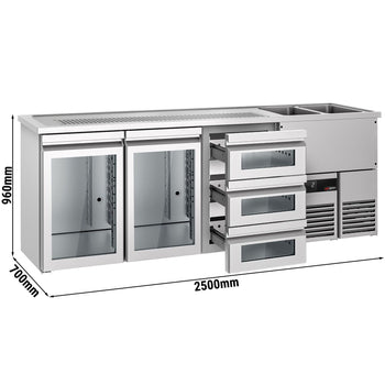 Barowy stół chłodniczy PREMIUM - 2500x700 mm - 2 szklane drzwi & 3 szklane szuflady - Prime Gastro