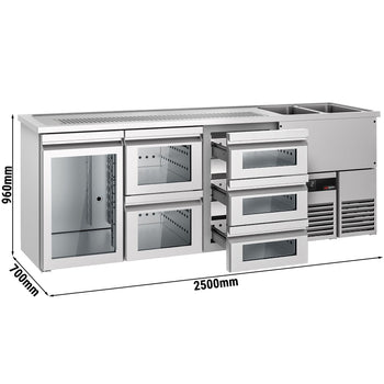 Barowy stół chłodniczy PREMIUM - 2500x700mm - 1 szklane drzwi & 5 szklanych szuflad - Prime Gastro