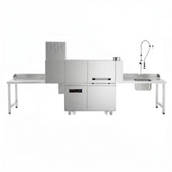 Zmywarka taśmowa – cyfrowa – 47 kW – z suszarką – wraz ze stołem załadowczym do zmywarki po prawej stronie i stołem wyładowczym po lewej stronie