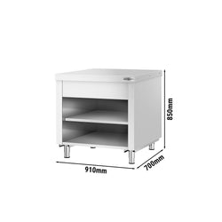 Szafka robocza ze stali nierdzewnej - 910x700mm - z model otwarty, z półką pośrednią i półką dolną