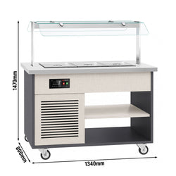 Wózek bufetowy zimny PARYŻ – 1340 mm – na 3x GN 1/1 – od +2 do +8 °C – z wanną chłodniczą, półką na talerze i kółkami, image 2 of 13