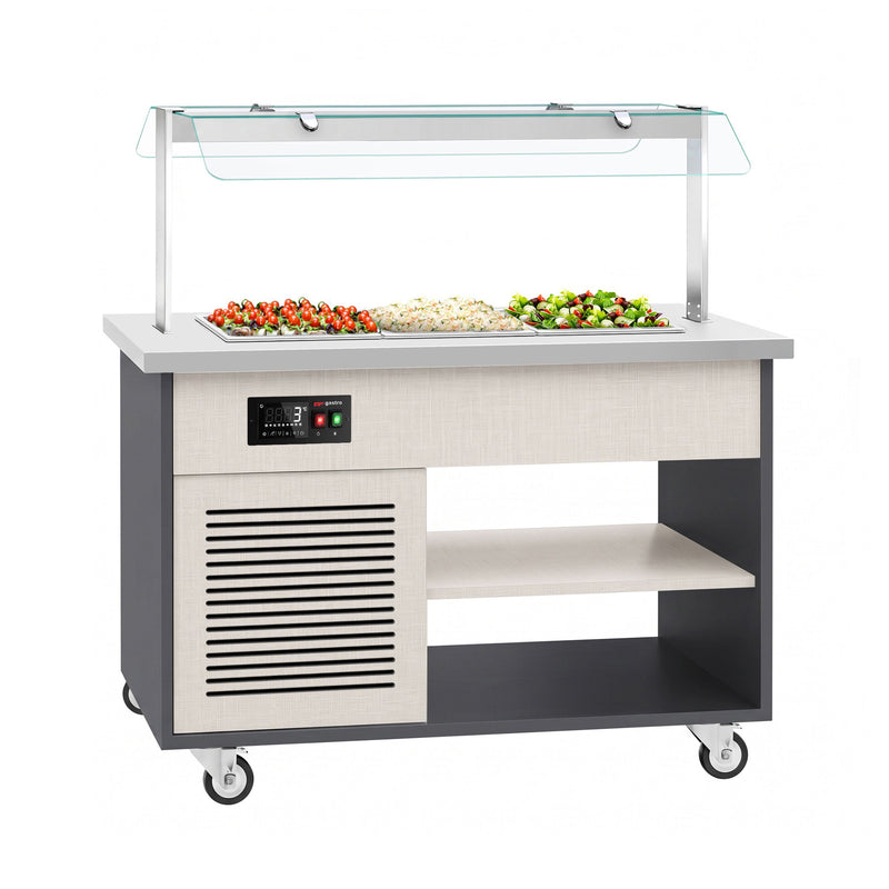 Wózek bufetowy zimny PARYŻ – 1340 mm – na 3x GN 1/1 – od +2 do +8 °C – z wanną chłodniczą, półką na talerze i kółkami, image 1 of 13