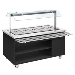 Wózek bufetowy na dania ciepłe GDAŃSK - 1900 mm - na 5 pojemników GN 1/1 - z wysuwaną półką na tace - czarny