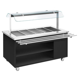 Wózek bufetowy na dania ciepłe GDAŃSK - 1900 mm - na 5 pojemników GN 1/1 - z wysuwaną półką na tace - czarny