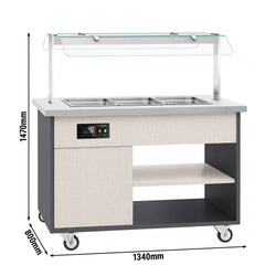 Wózek bufetowy ciepły PARYŻ – 1340 mm – na 3x GN 1/1 – od +30 do +90 °C – z bemarem, półką na talerze i kółkami, image 2 of 13