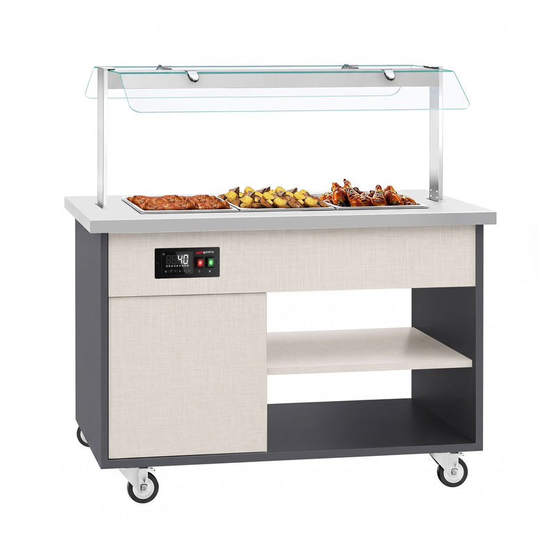 Wózek bufetowy ciepły PARYŻ – 1340 mm – na 3x GN 1/1 – od +30 do +90 °C – z bemarem, półką na talerze i kółkami, image 1 of 13