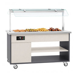 Wózek bufetowy ciepły PARYŻ – 1670 mm – na 4x GN 1/1 – od +30 do +90 °C – z bemarem, półką na talerze i kółkami