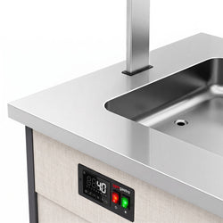 Wózek bufetowy ciepły PARYŻ – 1340 mm – na 3x GN 1/1 – od +30 do +90 °C – z bemarem, półką na talerze i kółkami, image 12 of 13