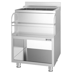 Stacja koktajlowa - stal nierdzewna - 600 x 600 mm - z 3 zbiornikami chłodzącymi i uchwytem na butelki