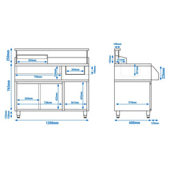 Stół do przygotowywania koktajli – stal nierdzewna – 1200 x 720 mm – z 2 przesuwanymi drzwiami