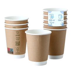 (500 Stück) Coffee to go Pappbecher - doppelwandig - 300ml - 12 oz - Ø 90mm - Braun - innen Weiß