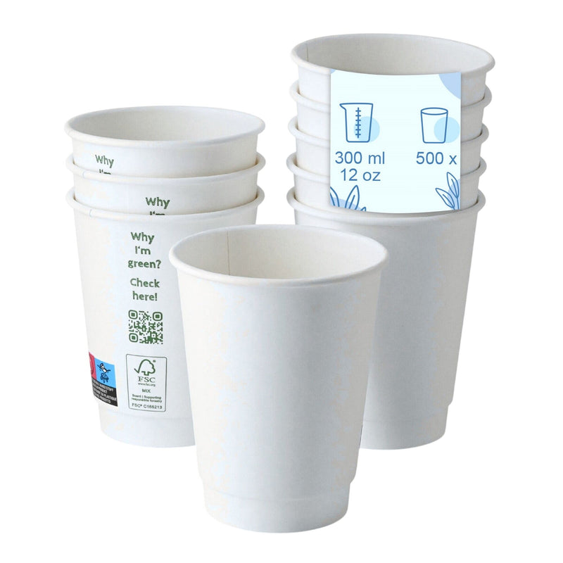 (500 Stück) Coffee to go Pappbecher - doppelwandig - 300ml - 12 oz - Ø 90mm - Weiß