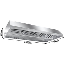 Commercial Ceiling-Mounted Extraction Canopy with Integral Fan - 2200mm - with External Speed Controller, Baffle Filters & LED Lights - 1300mm Deep