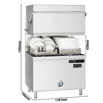 Dwupłaszczowa Zmywarka kapturowa - Elektroniczne - 22,2kW - ze zmiękczaczem wody - z dozownikami detergentu i nabłyszczacza, pompą spustową/odpływową