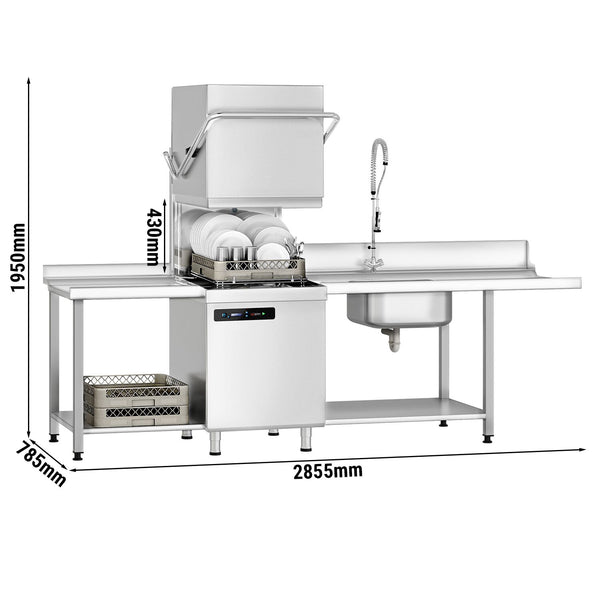 Zmywarka kapturowa - cyfrowa - 7,1 kW - włącznie ze stołem wydawczym z prawej strony, stołem wyjściowym z lewej strony & odkamieniaczem - z detergentem, nabłyszczaczem & pompą spustową