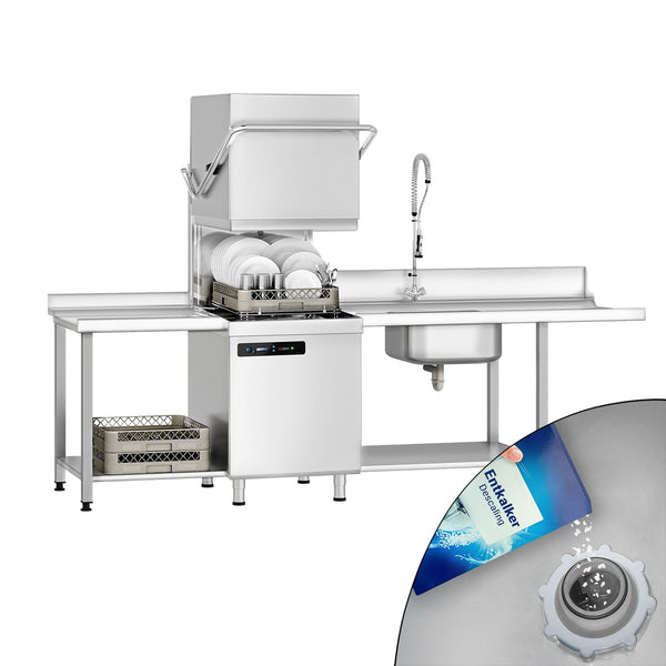 Zmywarka kapturowa - cyfrowa - 7,1 kW - włącznie ze stołem wydawczym z prawej strony, stołem wyjściowym z lewej strony & odkamieniaczem - z detergentem, nabłyszczaczem & pompą spustową
