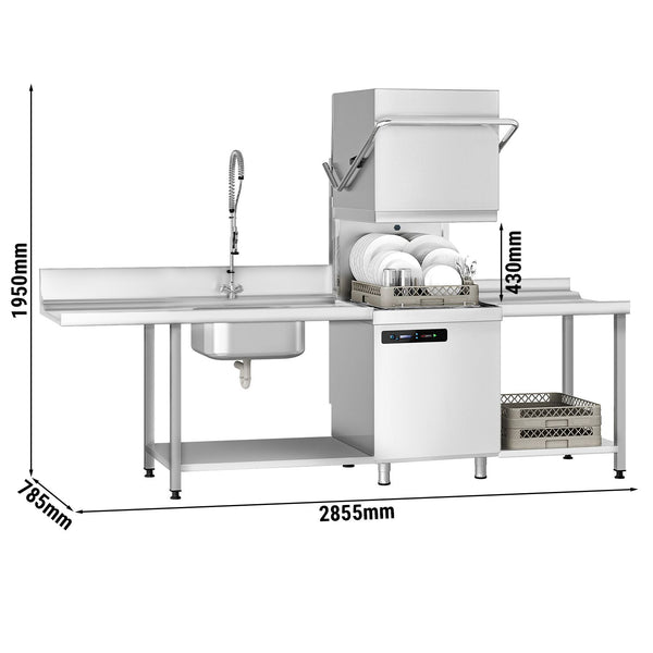 Zmywarka kapturowa - cyfrowa - 7,1 kW - włącznie ze stołem wydawczym z lewej strony, stołem wyjściowym z prawej strony & odkamieniaczem - z detergentem, nabłyszczaczem & pompą spustową
