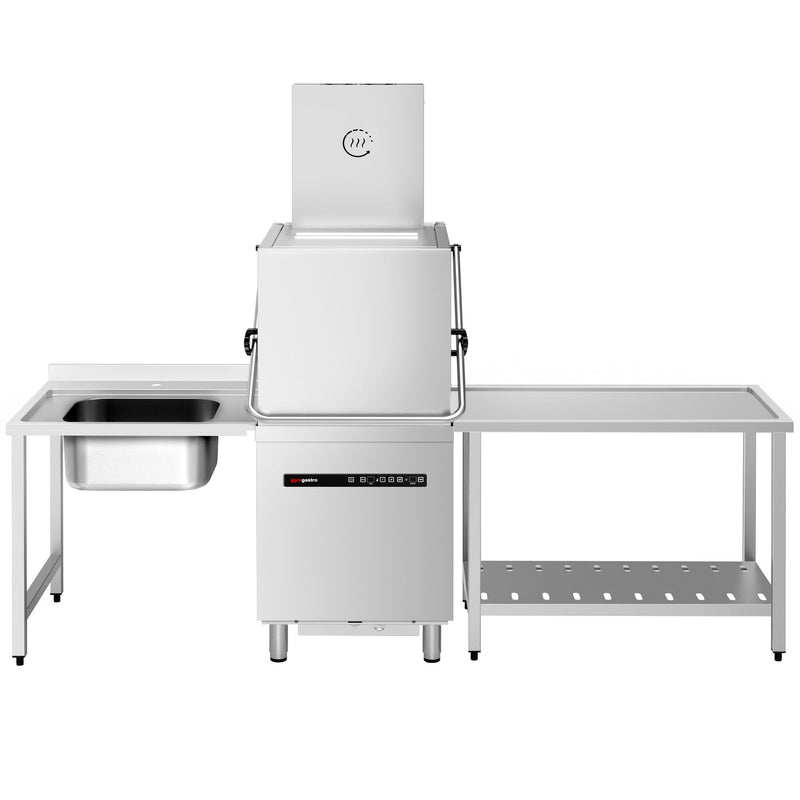 Zmywarka kapturowa - Elektroniczne - 8,7kW - z odzyskiem ciepła - ze stołem załadowczym z lewej - ze stołem wyładowczym z prawej - z dozownikami detergentu i nabłyszczacza, pompą wspomagającą płukanie i pompą spustową/odpływową