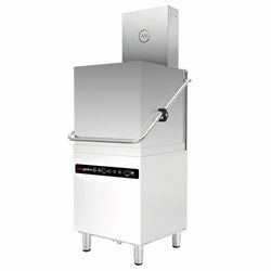 Zmywarka kapturowa - cyfrowa - 8,7 kW - z odzyskiem ciepła, detergentem, nabłyszczaczem i pompą spustową - ze stołem podawczym z lewej strony i stołem spustowym z prawej strony