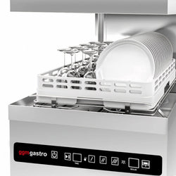 Zmywarka kapturowa - cyfrowa - 8,7 kW - z odzyskiem ciepła, detergentem, nabłyszczaczem i pompą spustową - ze stołem podawczym z lewej strony i stołem spustowym z prawej strony