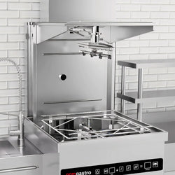 Zmywarka przepływowa - cyfrowa - 8,7 kW - z odzyskiem ciepła, pompą detergentu, płynu nabłyszczającego i wody - wraz ze stołem doprowadzającym po prawej stronie i stołem odprowadzającym po lewej stronie