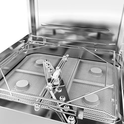 Zmywarka kapturowa - cyfrowa - 8,7 kW - z odzyskiem ciepła, detergentem, nabłyszczaczem i pompą spustową - ze stołem podawczym z lewej strony i stołem spustowym z prawej strony